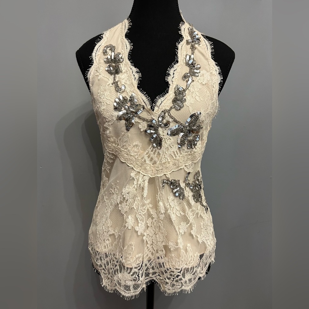 Temperley London Cream Silk and Lace Sequin Embellished Halter Neck Top, sz US4